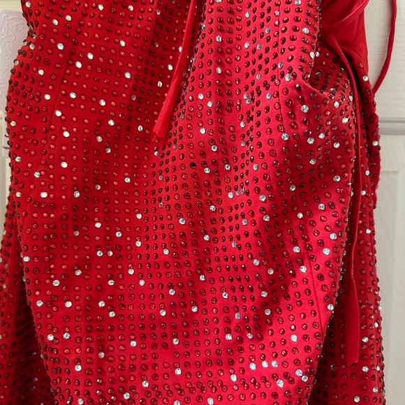 Flared red rhinestone Vneck sleeveless prom gown with sweeping train - Picture 6 of 10